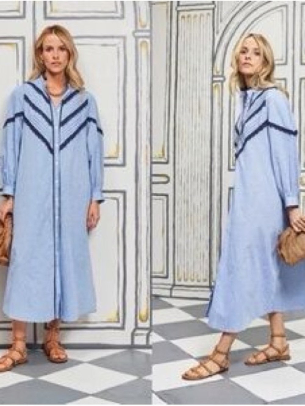 Pomander Place Light Blue Maxi Dress with Navy Trim